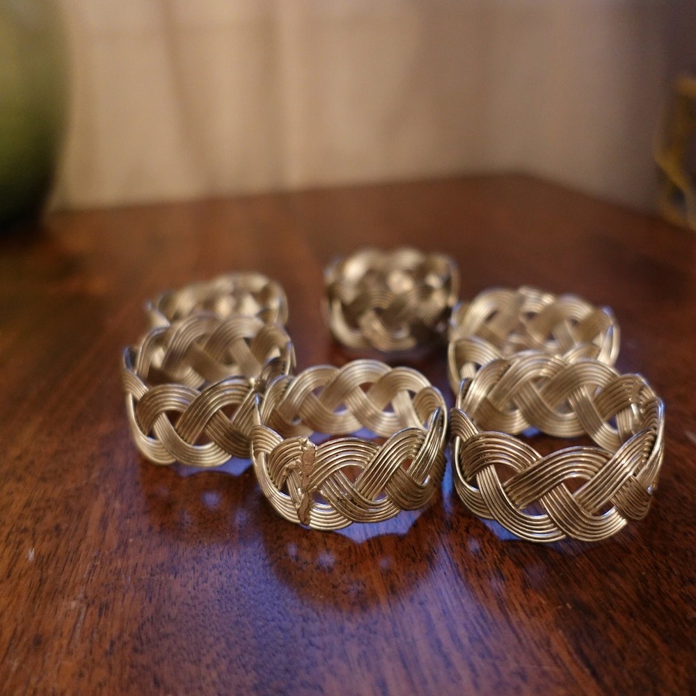 Vintage silver tone metal with double twisted helix design set of 6 napkin rings